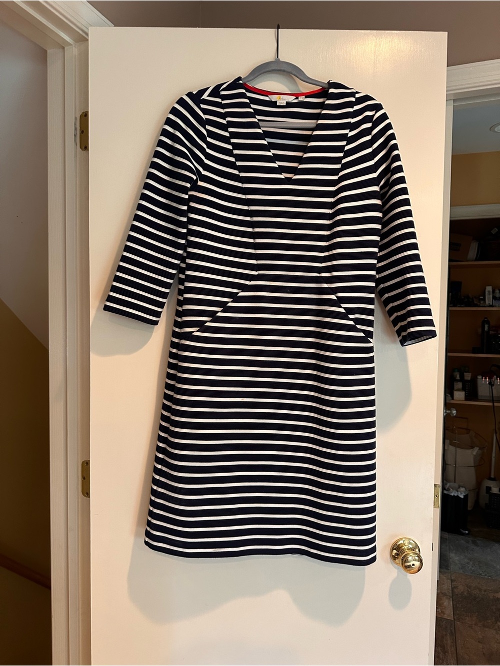 Boden Navy and White Striped V-Neck Midi Dress